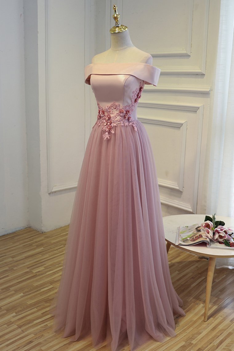 Boat Neck Tulle With Applique Prom Dresses A Line Floor Length