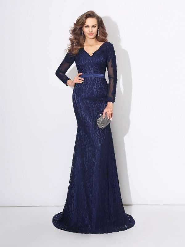 Long V-neck Sheath/Column Sleeves Long Lace Dresses