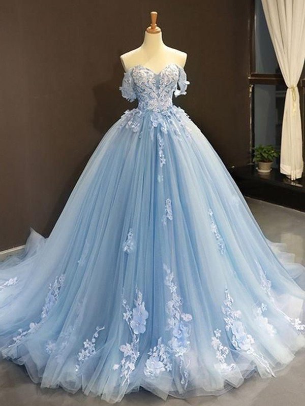 Ball Off-the-Shoulder Tulle Sleeveless Applique Gown Sweep/Brush Train Dresses
