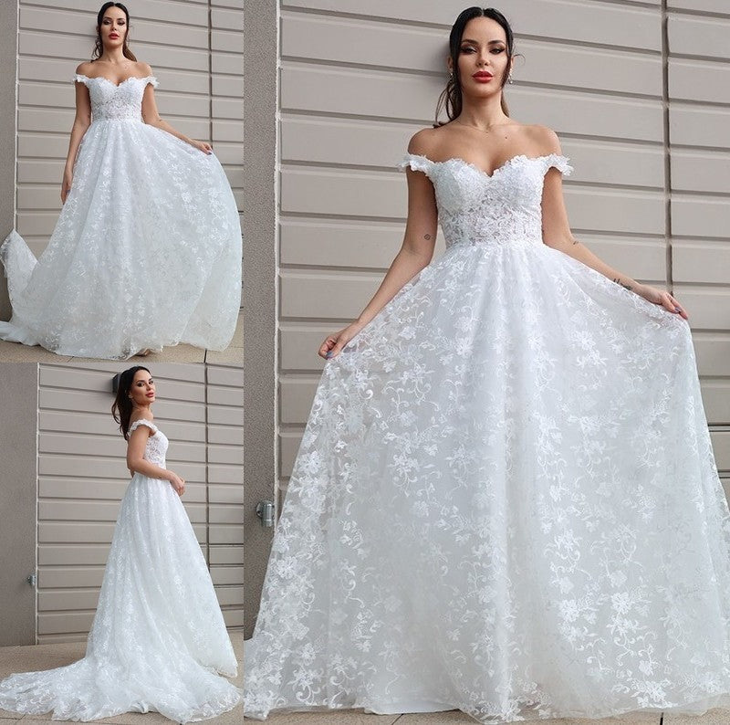 Sleeveless Tulle Applique Off-the-Shoulder Sweep/Brush A-Line/Princess Train Wedding Dresses