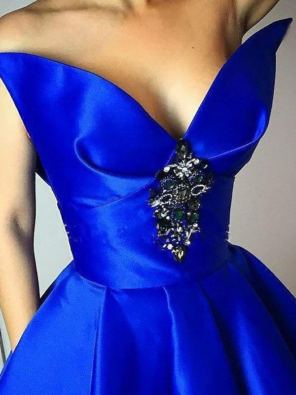 Gown Ball Ruffles V-neck Sleeveless Floor-Length Satin Dresses