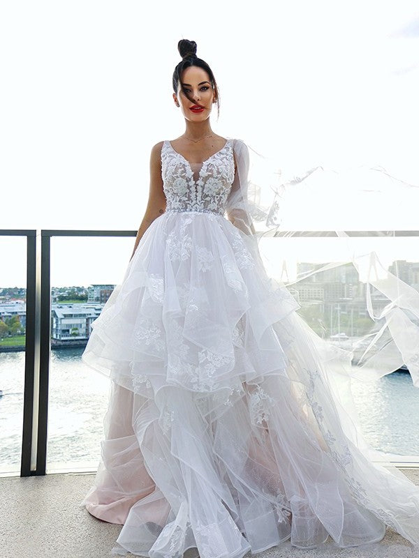 A-Line/Princess V-neck Sweep/Brush Applique Tulle Sleeveless Train Wedding Dresses