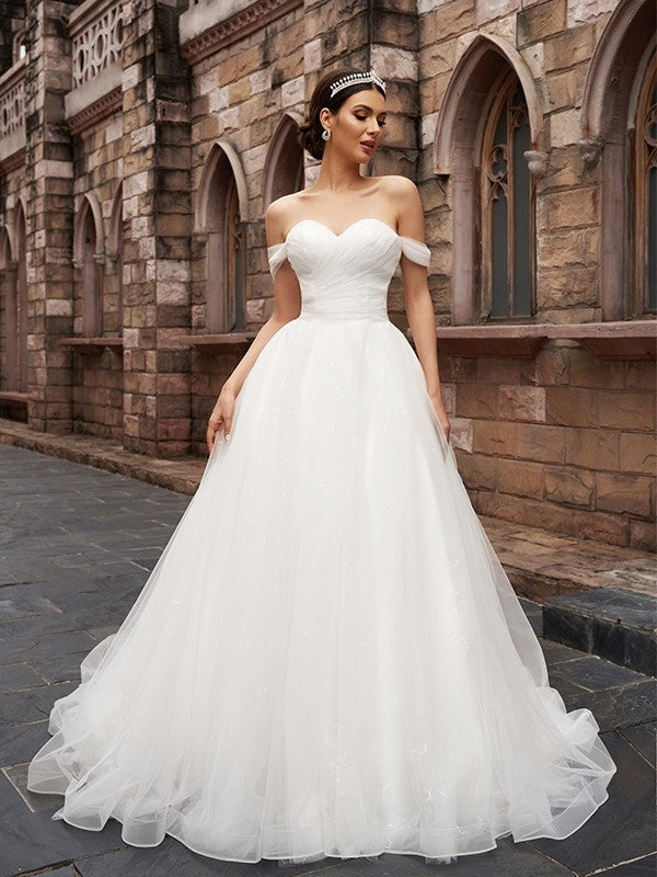 Ruched Off-the-Shoulder Tulle A-Line/Princess Sleeveless Court Train Wedding Dresses
