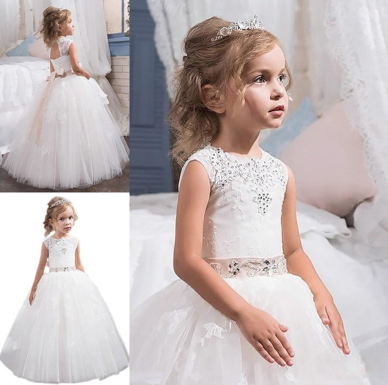 Floor-Length Crystal Sleeveless Tulle Gown Jewel Ball Flower Girl Dresses