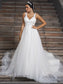 V-neck Sleeveless Applique A-Line/Princess Tulle Court Train Wedding Dresses