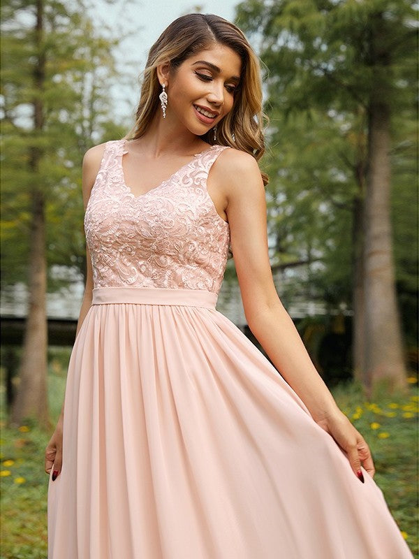 A-Line/Princess Lace V-neck Chiffon Sleeveless Floor-Length Bridesmaid Dresses