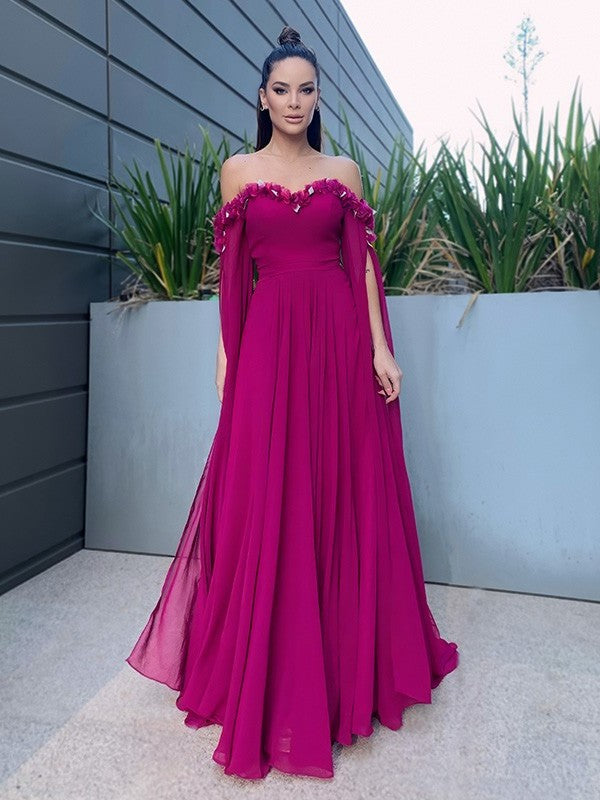 Sleeves Chiffon Floor-Length Long A-Line/Princess Ruffles Off-the-Shoulder Dresses