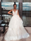 A-Line/Princess V-neck Sweep/Brush Applique Tulle Sleeveless Train Wedding Dresses