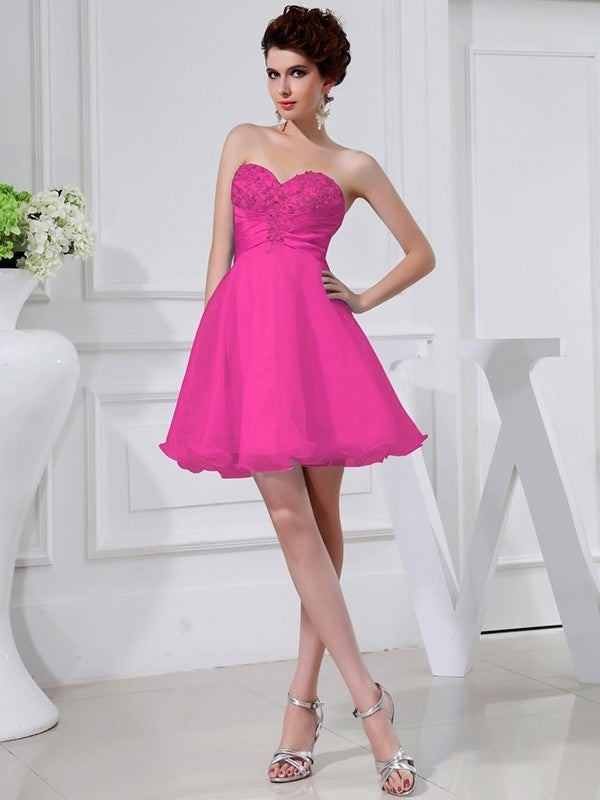 A-Line/Princess Beading Satin Woven Sleeveless Elastic Applique Sweetheart Organza Bridesmaid Dresses